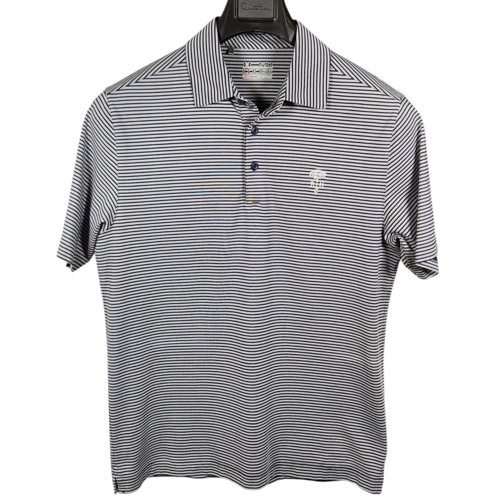 Under Armour Mens Medium HeatGear Loose Polo Navy White Striped Golf Shirt